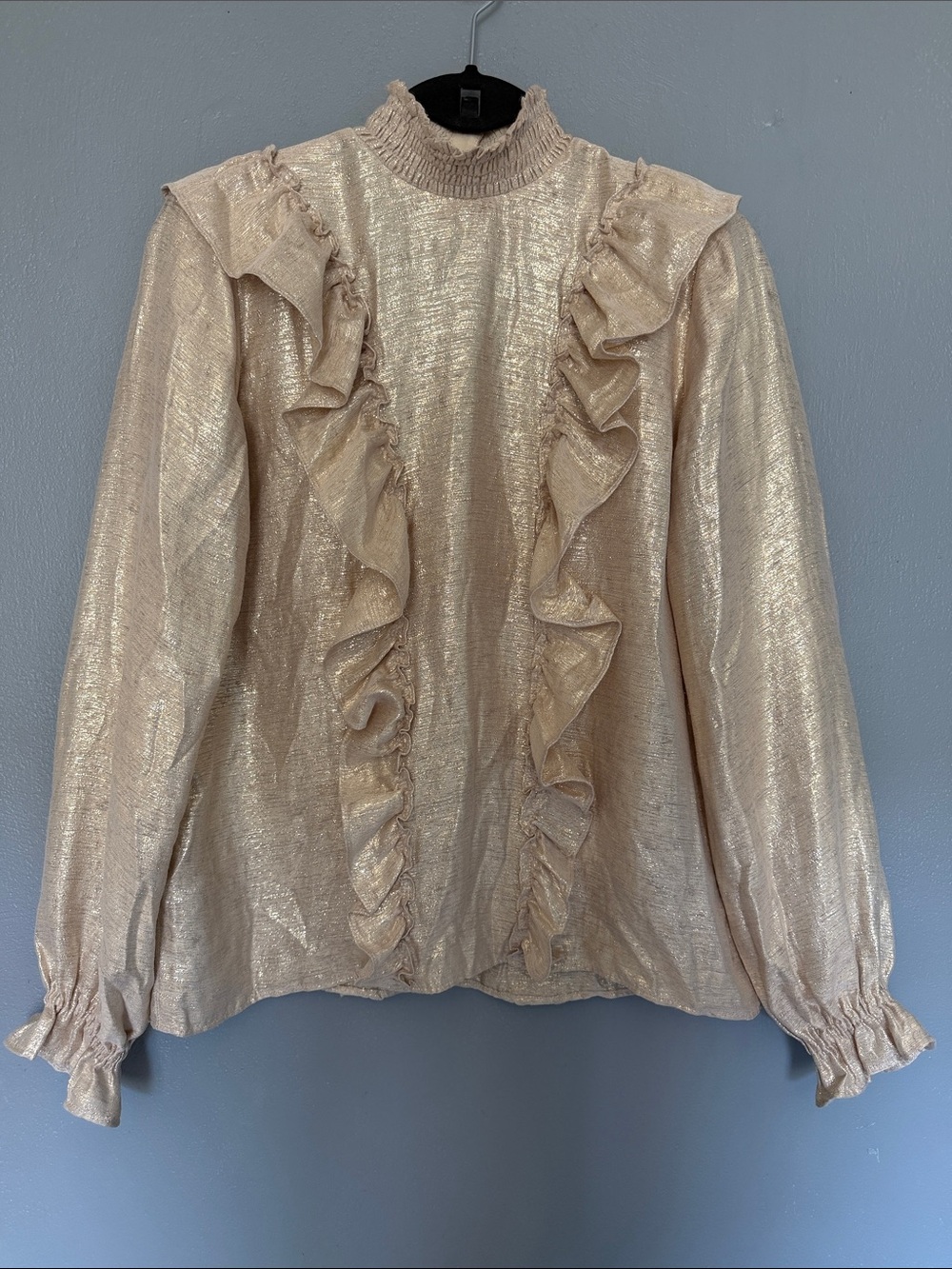 Sézane Filomene Romantic New Years EveGlam Gold Metallic Ruffle Mock Neck Blouse